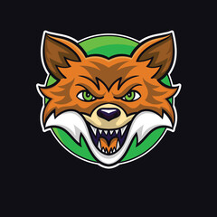 Aggressive fox mascot – orange fur, green eyes, sharp teeth, and purple tongue in bold emblem design for gaming, sports, and wild branding.