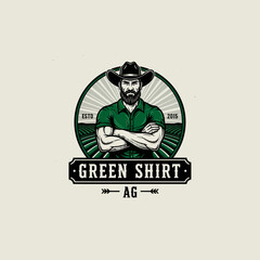 Logo of a Farmer with Crossed Arms Wearing a Green Shirt and Cowboy Hat, AG Initials