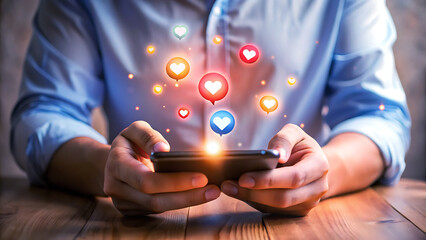 Man using smartphone with social media notifications heart and like icons floating concept for online engagement and digital communication