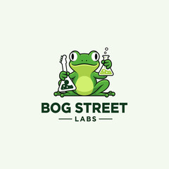 Whimsical Green Frog Mascot Holding Laboratory Flasks and Beakers, Symbolizing Creative Scientific Research and Playful Innovation for Brand Identity