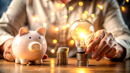 Piggy bank light bulb and coins represent energy savings financial planning and investment in sustainable energy solutions
