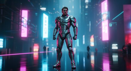 Naklejka premium Futuristic armored man in glowing cyber city, standing confidently under cool reflections and digital light.