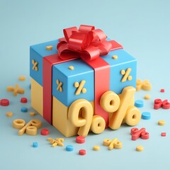 Colorful Gift Box with Red Ribbon and Percentage Symbols in Bright Pastel Colors