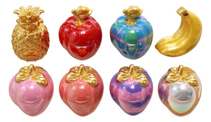 Colorful Decorative Fruit Objects with Golden Accents on Transparent Background