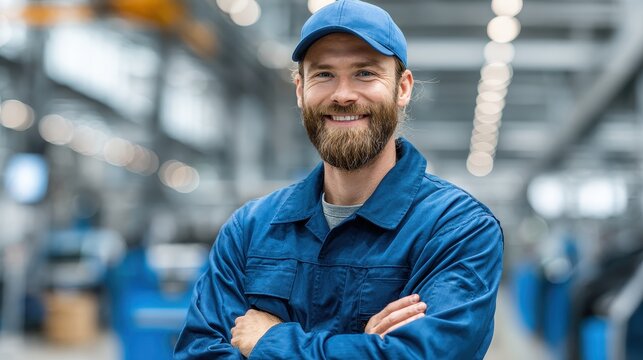 Smiling worker in blue uniform stands with arms crossed in factory. Showcasing skilled labor, manufacturing, or industrial expertise.
