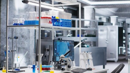 Computer used for molecular results in empty laboratory space, scientific tools and research...