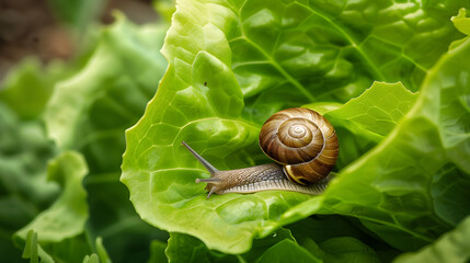 Snail on green leaf