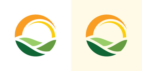 A creative logo combining a sunrise and farm field, symbolizing freshness, organic farming. ©  Jagat_Aji