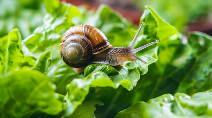 Snail on green leaf