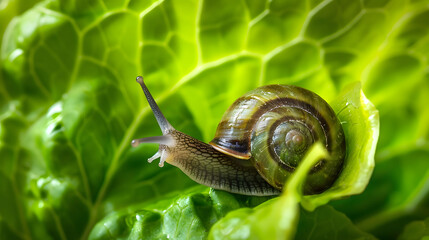 Snail on Green Leaf