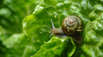 Snail on Green Leaf