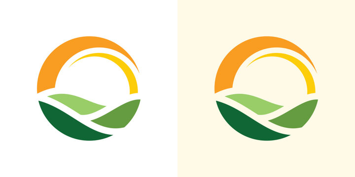 A creative logo combining a sunrise and farm field, symbolizing freshness, organic farming.