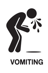 Vomiting stick figure icon simple black glyph illustration of a person throwing up isolated on a white background