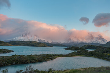 lake pehoe and the paine massif from a lookout on a autumn sunrise at torres del paine