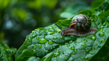 Snail on a dewy leaf