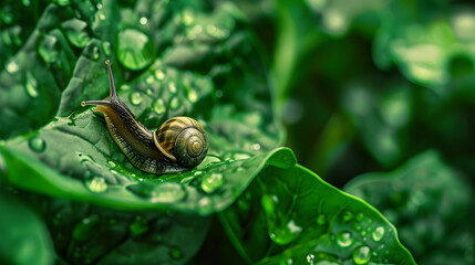Snail on a dewy leaf