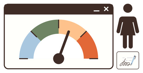 Colorful performance meter on browser window, icon of woman symbol, and signed document. Ideal for evaluation, analytics, productivity, feedback, efficiency decision-making tracking. A simple flat