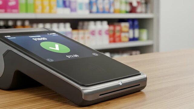 A close-up view of a POS terminal on a wooden surface, payment approved with products blurred background