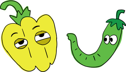 Funny peppers with eyes, yellow and green vegetables. Drawn with black curved lines in grunge style