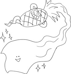 Smiling, happy pineapple lying down with Pinatex fabric emerging from it, playful and creative illustration. Drawn with black curved lines in grunge style