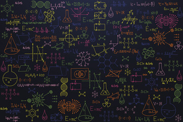 School blackboard with many formulas and drawings on geometry, chemistry, biology, physics, and algebra. Illustration with scientific handwritten formulas for school design.