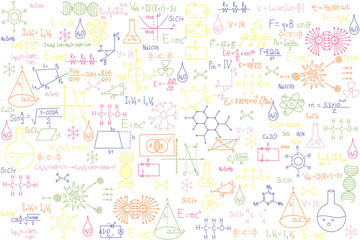 Colorful formulas drawn in geometry, chemistry, biology, physics, and algebra on a transparent PNG background. Illustration with scientific handwritten formulas for school and educational design.