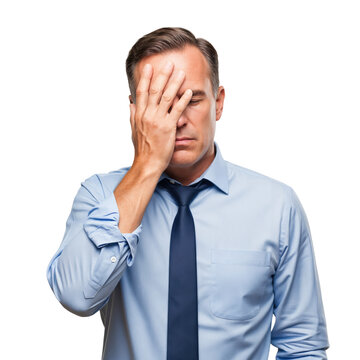 Frustrated middle-aged businessman in a blue shirt and tie doing a facepalm gesture, expressing stress, disappointment, or regret.