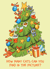 Fototapeta premium How many cats can you find in the picture. Cute Christmas puzzle illustration with cats hiding in a decorated Christmas tree. Fun holiday game for kids - count how many kittens are in the picture