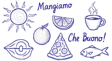 Italian gastronomic delights sketch embodying a sunny and flavorful Mediterranean lifestyle with