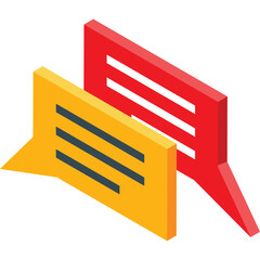 Two 3d speech bubbles one red and one yellow with dark grey lines inside for text dialogue communication chat messages conversation concept isolated on a white background