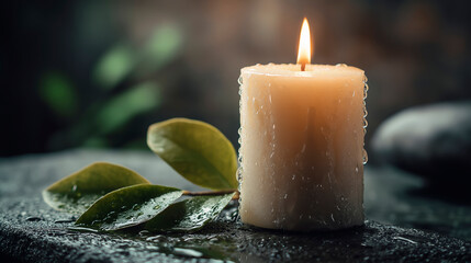 Serene Lit Candle with Wet Green Leaves and Water Drops on Dark Surface