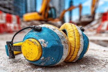 Worn ear defenders sit on a construction site, machinery blurs in background. Image for safety at work campaigns and industrial noise protection themes.