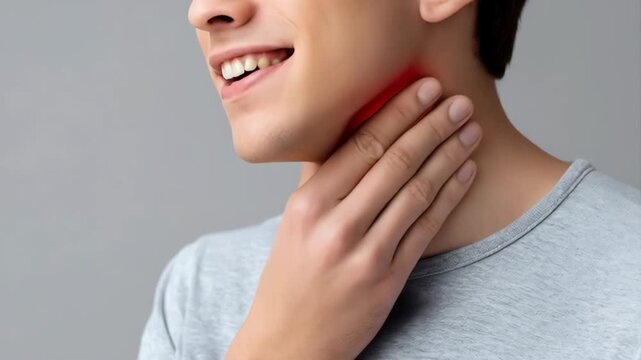 Visualizing a man suffering from pain in the jaw and throat area, indicated by a red glow, followed by a relieved smile.