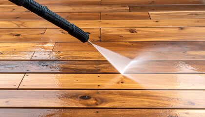 High-Pressure Cleaning of a Wooden Deck Demonstrates Restoration and Maintenance