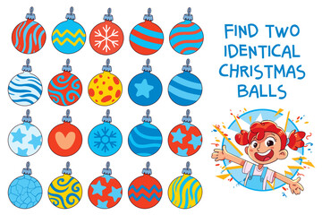 Funny Christmas puzzle with many colorful ornaments. Find two identical holiday balls among various patterns. Cute educational activity for kids in cartoon style. Isolated on white. Spot it