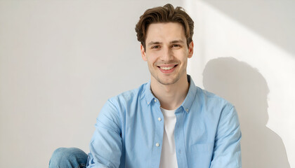 Smiling Young Man Seated in Bright Room with Sunlight Streaming Through Window