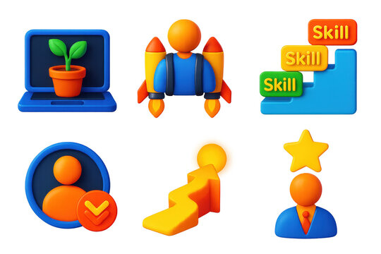 3D Growth Icons. 3D icon set of professional growth symbols: plant growing from laptop, rocket backpack on employee, stairway with