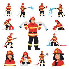 Fototapeta premium A collection of diverse firefighters in action, featuring various poses, tools, and rescue scenarios