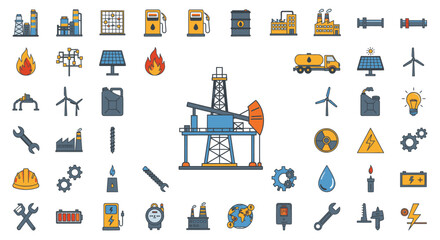 Colorful vector icons depicting energy, industry, and construction elements