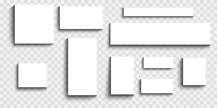 Set of square and rectangular posters, banners, web sidebars or cards shadow effects. White paper mockups with soft blurry shades isolated on transparent background. Vector realistic illustration.