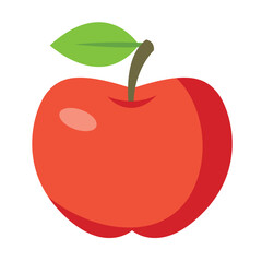 Red apple illustration with green leaf in flat cartoon style. Simple fruit icon for healthy food design, children book, sticker, or educational materials