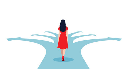 Woman facing crossroads of opportunity in life, symbolizing choices and decisions for a bright future, perfect for career, lifestyle, and personal growth ads