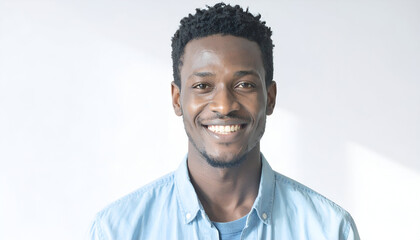 Young Man Smiling Casually in Light Denim Shirt Against a Bright Soft Background