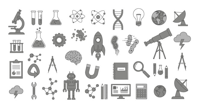 A collection of grayscale science and technology icons, including lab equipment, a rocket, and more