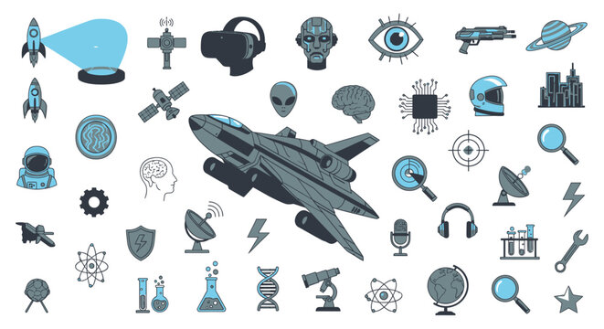 A collection of vectorized illustrations featuring technology, science, and space-themed elements