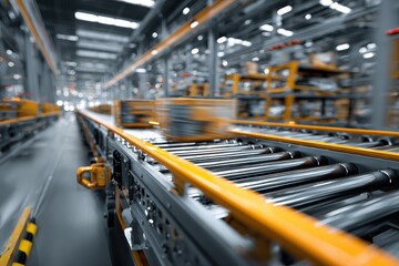 A factory conveyor belt moves blurred packages quickly. Use to show industry, automation, or a distribution process.