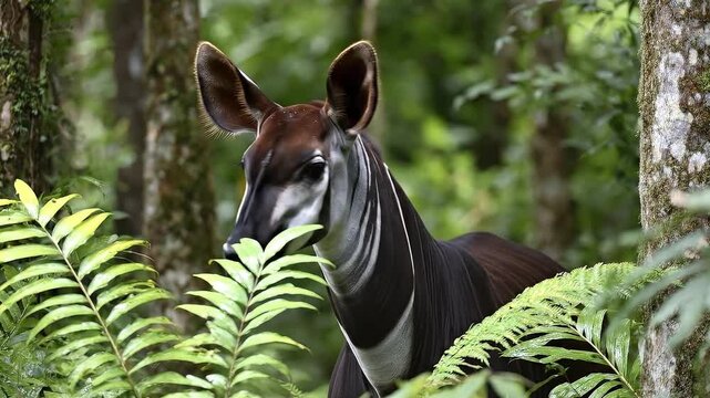 Okapi in a lush forest setting distinctive striped markings visible blending with ferns and trees