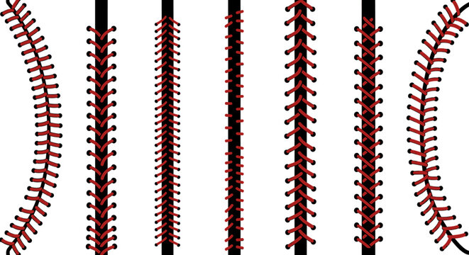 Dynamic baseball stitching patterns showcase vibrant red laces on clean white background, perfect for sports design and branding elements