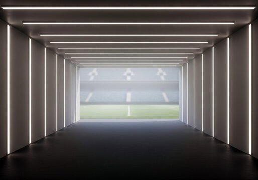 Modern stadium tunnel interior with linear white lighting leading to bright green field minimal perspective ideal for sports event mockup or design background