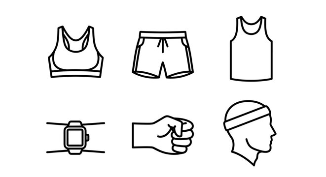Dynamic fitness icons showcase active lifestyle gear like sports bra shorts tank top smartwatch fist headband for health and wellness branding